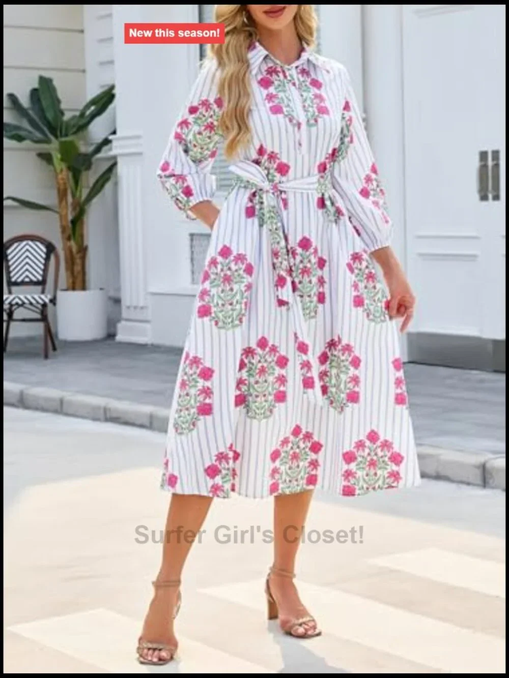 Women's Floral Midi Shirt Dress Casual Button Down A-Line 3/4 Puff Sleeve
